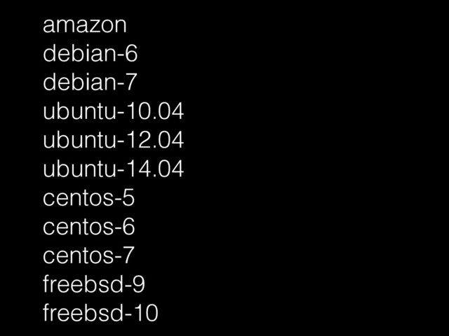 amazon
debian-6
debian-7
ubuntu-10.04
ubuntu-12.04
ubuntu-14.04
centos-5
centos-6
centos-7
freebsd-9
freebsd-10
