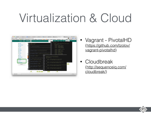 Virtualization & Cloud
• Vagrant - PivotalHD
(https://github.com/tzolov/
vagrant-pivotalhd)
• Cloudbreak
(http://sequenceiq.com/
cloudbreak/)
