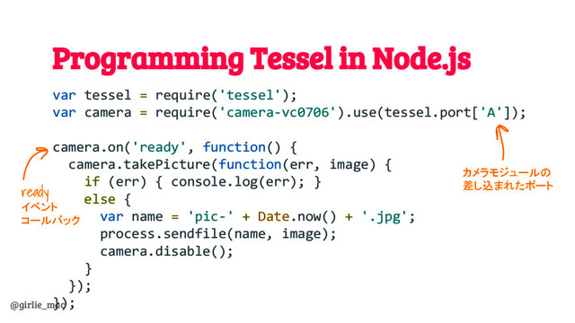@girlie_mac
Programming Tessel in Node.js
var tessel = require('tessel');
var camera = require('camera-vc0706').use(tessel.port['A']);
camera.on('ready', function() {
camera.takePicture(function(err, image) {
if (err) { console.log(err); }
else {
var name = 'pic-' + Date.now() + '.jpg';
process.sendfile(name, image);
camera.disable();
}
});
});
カメラモジュールの
差し込まれたポート
ready
イベント
コールバック
