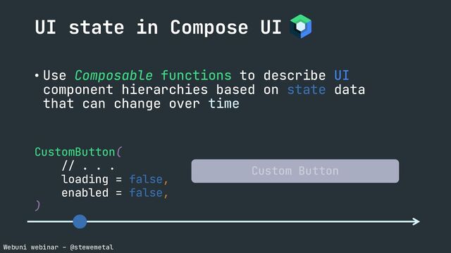 Webuni webinar – @stewemetal
• Use Composable functions to describe UI
component hierarchies based on state data
that can change over time
CustomButton(
// . . .
loading = false,
enabled = false,
)
UI state in Compose UI
Custom Button
