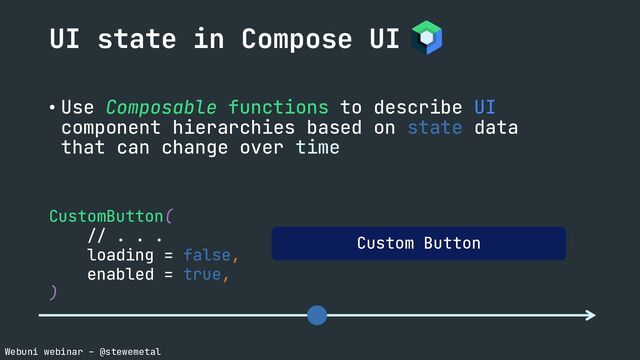 Webuni webinar – @stewemetal
• Use Composable functions to describe UI
component hierarchies based on state data
that can change over time
CustomButton(
// . . .
loading = false,
enabled = true,
)
UI state in Compose UI
Custom Button
