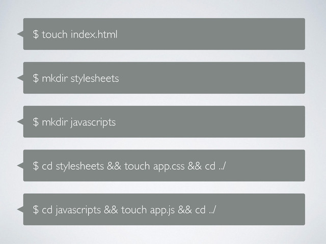 $ touch index.html
$ mkdir stylesheets
$ mkdir javascripts
$ cd stylesheets && touch app.css && cd ../
$ cd javascripts && touch app.js && cd ../
