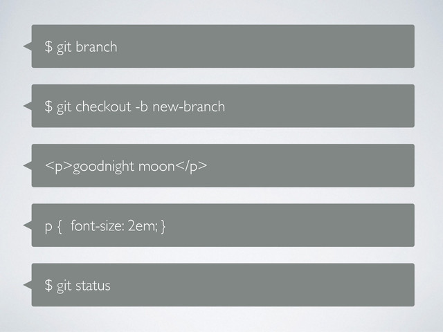 $ git branch
$ git checkout -b new-branch
<p>goodnight moon</p>
p { font-size: 2em; }
$ git status
