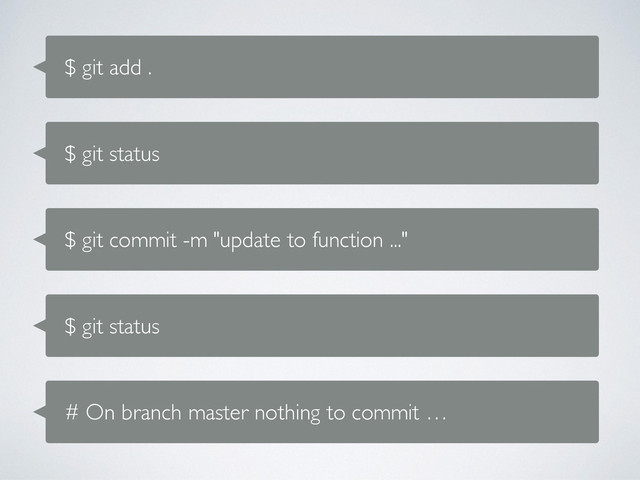 $ git add .
$ git status
$ git commit -m "update to function ..."
$ git status
# On branch master nothing to commit …
