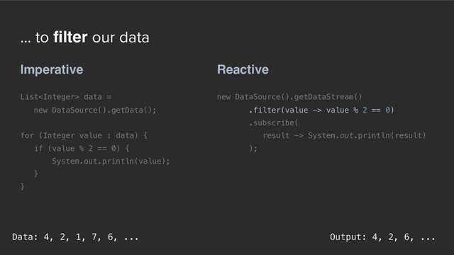 ... to filter our data
Reactive
new DataSource().getDataStream()
.filter(value -> value % 2 == 0)
.subscribe( 
result -> System.out.println(result) 
);
Imperative
List data =  
new DataSource().getData();
for (Integer value : data) {
if (value % 2 == 0) {
System.out.println(value);
}
}
Output: 4, 2, 6, ...
Data: 4, 2, 1, 7, 6, ...
