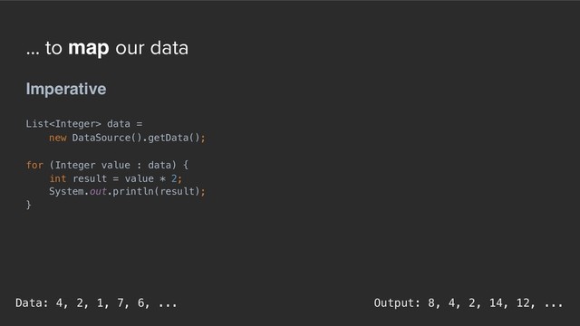… to map our data
Imperative
List data =
new DataSource().getData();
for (Integer value : data) {
int result = value * 2;
System.out.println(result);
}
Output: 8, 4, 2, 14, 12, ...
Data: 4, 2, 1, 7, 6, ...

