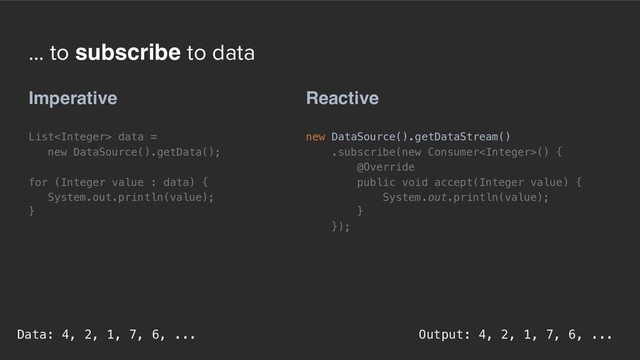 ... to subscribe to data
Imperative
List data =  
new DataSource().getData();
for (Integer value : data) {
System.out.println(value);
}
Reactive
new DataSource().getDataStream()
.subscribe(new Consumer() {
@Override
public void accept(Integer value) {
System.out.println(value);
}
});
Output: 4, 2, 1, 7, 6, ...
Data: 4, 2, 1, 7, 6, ...
