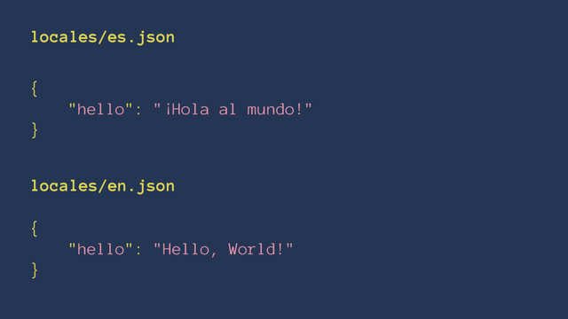 locales/es.json
{
"hello": "¡Hola al mundo!"
}
locales/en.json
{
"hello": "Hello, World!"
}
