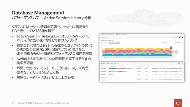 パフォーマンスハブ︓ Active Session History分析
グラフによるセッション情報の可視化、セッション情報から
DBで発⽣している問題を特定
• Active Session History(ASH)は、データベースへの
アクティブなセッション情報を毎秒サンプリング
• 特定のジョブまたはセッションが応答しないがインスタンス
の他の部分は通常どおりに動作している場合など、
発⽣期間が短い⼀時的なパフォーマンスの問題を解決
• AWRの上位には出てこない短時間で完了するSQLの
検索が可能
• 時間、セッション、モジュール、アクション、SQL IDなど
様々なディメンションによる分析
• 対象のデータベースはEE 12.2以上が必要
Database Management
21 Copyright © 2023, Oracle and/or its affiliates. All rights reserved
