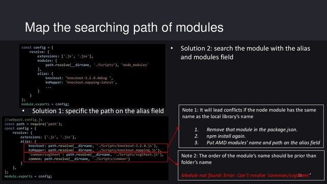Map the searching path of modules
18
//requirejs.config
requirejs.config({
baseUrl: '/Scripts/',
paths: {
'knockout': 'knockout-3.0.0.debug',
'koMapper': 'knockout.mapping-latest'
}
});
• Solution 1: specific the path on the alias field
//webpack.config.js
const path = require('path');
const config = {
resolve: {
extensions: ['.js', '.jsx'],
alias: {
knockout: path.resolve(__dirname, './Scripts/knockout-3.2.0.js'),
koMapper: path.resolve(__dirname, './Scripts/knockout.mapping.js’),
'common/svgSheet': path.resolve(__dirname, './Scripts/svgSheet.js’),
common: path.resolve(__dirname, './Scripts/common’)
}
},
};
module.exports = config;
• Original module loader (Require.js)
Note 2: The order of the module’s name should be prior than
folder’s name
Module not found: Error: Can’t resolve ‘common/svgSheet’
Note 1: It will lead conflicts if the node module has the same
name as the local library’s name
1. Remove that module in the package.json.
2. npm install again.
3. Put AMD modules’ name and path on the alias field
const config = {
resolve: {
extensions: ['.js', '.jsx'],
modules: [
path.resolve(__dirname, './Scripts’), 'node_modules'
],
alias: {
knockout: "knockout-3.2.0.debug ",
koMapper: 'knockout.mapping-latest',
...
}
}
};
module.exports = config;
• Solution 2: search the module with the alias
and modules field
