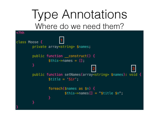 Type Annotations 
Where do we need them?
1
2 3
