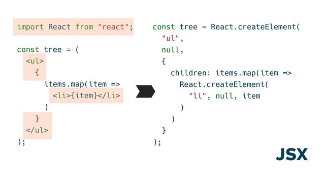import React from "react";
const tree = (
<ul>
{
items.map(item =>
<li>{item}</li>
)
}
</ul>
);
const tree = React.createElement(
"ul",
null,
{
children: items.map(item =>
React.createElement(
"li", null, item
)
)
}
);
JSX
