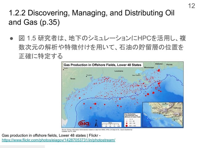 1.2.2 Discovering, Managing, and Distributing Oil
and Gas (p.35)
● 図 1.5 研究者は、地下のシミュレーションにHPCを活用し、複
数次元の解析や特徴付けを用いて、石油の貯留層の位置を
正確に特定する
12
Gas production in offshore fields, Lower 48 states | Flickr -
https://www.flickr.com/photos/eiagov/14287053731/in/photostream/
