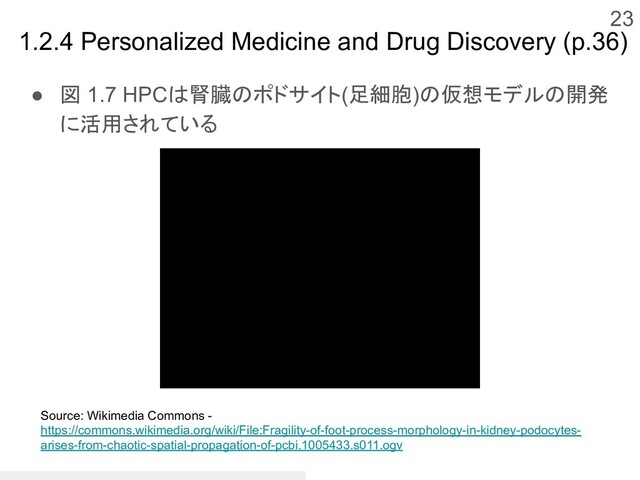 ● 図 1.7 HPCは腎臓のポドサイト(足細胞)の仮想モデルの開発
に活用されている
23
Source: Wikimedia Commons -
https://commons.wikimedia.org/wiki/File:Fragility-of-foot-process-morphology-in-kidney-podocytes-
arises-from-chaotic-spatial-propagation-of-pcbi.1005433.s011.ogv
1.2.4 Personalized Medicine and Drug Discovery (p.36)
