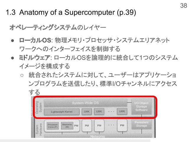 38
1.3 Anatomy of a Supercomputer (p.39)
オペレーティングシステムのレイヤー
● ローカルOS: 物理メモリ・プロセッサ・システムエリアネット
ワークへのインターフェイスを制御する
● ミドルウェア: ローカルOSを論理的に統合して1つのシステム
イメージを構成する
○ 統合されたシステムに対して、ユーザーはアプリケーショ
ンプログラムを送信したり、標準I/Oチャンネルにアクセス
する
