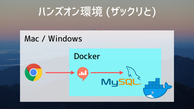 ハンズオン環境 (ザックリと)
Mac / Windows
Docker

