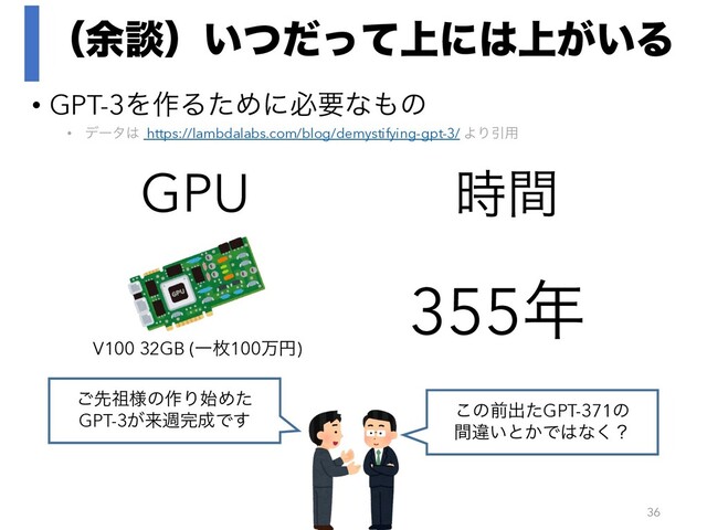 ʢ༨ஊʣ্͍ͭͩͬͯʹ͸্͕͍Δ
• GPT-3Λ࡞ΔͨΊʹඞཁͳ΋ͷ
• σʔλ͸ https://lambdalabs.com/blog/demystifying-gpt-3/ ΑΓҾ༻
36
V100 32GB (Ұຕ100ສԁ)
GPU ࣌ؒ
355೥
͝ઌ૆༷ͷ࡞Γ࢝Ίͨ
GPT-3͕དྷि׬੒Ͱ͢
͜ͷલग़ͨGPT-371ͷ
ؒҧ͍ͱ͔Ͱ͸ͳ͘ʁ
