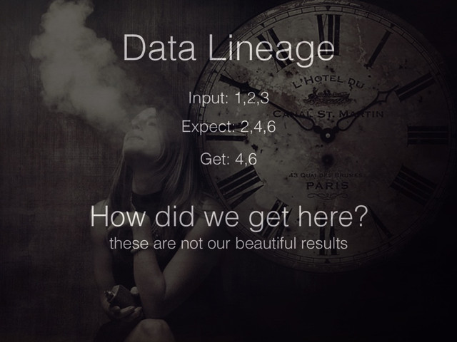 Data Lineage
Input: 1,2,3
Expect: 2,4,6
Get: 4,6
How did we get here?
these are not our beautiful results
