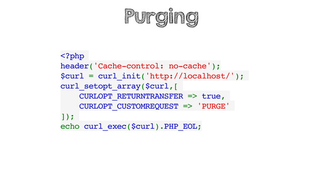  true,
CURLOPT_CUSTOMREQUEST => 'PURGE'
]);
echo curl_exec($curl).PHP_EOL;
Purging
