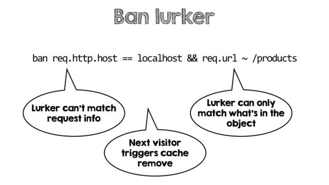 Ban lurker
ban req.http.host == localhost && req.url ~ /products
Lurker can’t match
request info
Lurker can only
match what’s in the
object
Next visitor
triggers cache
remove
