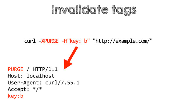Invalidate tags
curl -XPURGE -H"key: b" "http://example.com/"
PURGE / HTTP/1.1
Host: localhost
User-Agent: curl/7.55.1
Accept: */*
key:b
