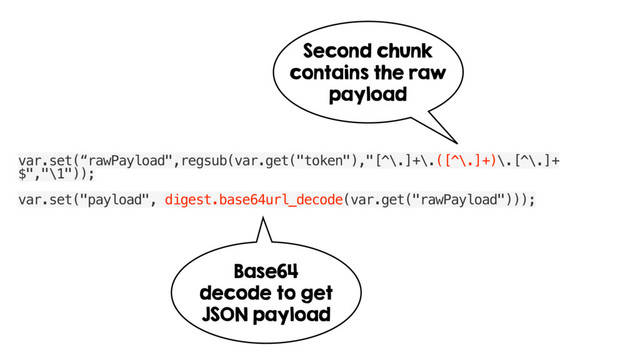 var.set(“rawPayload",regsub(var.get("token"),"[^\.]+\.([^\.]+)\.[^\.]+
$","\1"));
var.set("payload", digest.base64url_decode(var.get("rawPayload")));
Second chunk
contains the raw
payload
Base64
decode to get
JSON payload
