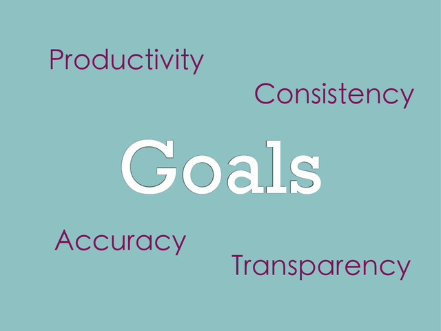 Goals
Productivity
Accuracy
Consistency
Transparency

