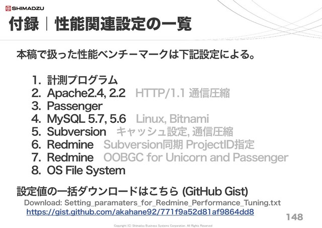Copyright (C) Shimadzu Business Systems Corporation. All Rights Reserved
付録｜性能関連設定の一覧
148
本稿で扱った性能ベンチ－マークは下記設定による。
1. 計測プログラム
2. Apache2.4, 2.2 HTTP/1.1 通信圧縮
3. Passenger
4. MySQL 5.7, 5.6 Linux, Bitnami
5. Subversion キャッシュ設定, 通信圧縮
6. Redmine Subversion同期 ProjectID指定
7. Redmine OOBGC for Unicorn and Passenger
8. OS File System
設定値の一括ダウンロードはこちら (GitHub Gist)
Download: Setting_paramaters_for_Redmine_Performance_Tuning.txt
https://gist.github.com/akahane92/771f9a52d81af9864dd8
