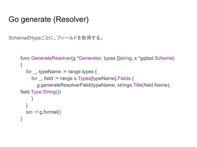 Go generate (Resolver)
func GenerateResolver(g *Generator, types []string, s *gqlast.Schema)
{
for _, typeName := range types {
for _, field := range s.Types[typeName].Fields {
g.generateResolverField(typeName, strings.Title(field.Name),
field.Type.String())
}
}
src := g.format()
}
Schemaのtypeごとに、フィールドを取得する。
