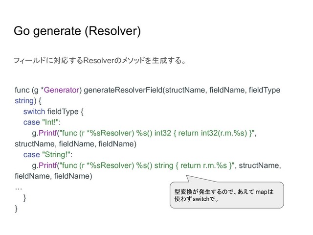 Go generate (Resolver)
func (g *Generator) generateResolverField(structName, fieldName, fieldType
string) {
switch fieldType {
case "Int!":
g.Printf("func (r *%sResolver) %s() int32 { return int32(r.m.%s) }",
structName, fieldName, fieldName)
case "String!":
g.Printf("func (r *%sResolver) %s() string { return r.m.%s }", structName,
fieldName, fieldName)
…
}
}
フィールドに対応するResolverのメソッドを生成する。
型変換が発生するので、あえて mapは
使わずswitchで。
