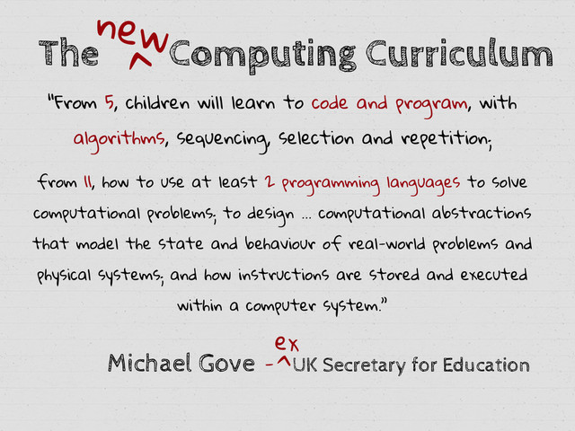 The Computing Curriculum
new
>
“From 5, children will learn to code and program, with
algorithms, sequencing, selection and repetition;
!
from 11, how to use at least 2 programming languages to solve
computational problems; to design … computational abstractions
that model the state and behaviour of real-world problems and
physical systems; and how instructions are stored and executed
within a computer system.”
!
Michael Gove - UK Secretary for Education
>
ex
