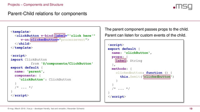Projects – Components and Structure
Parent-Child relations for components
© msg | March 2018 | Vue.js – developer friendly, fast and versatile | Alexander Schwartz 19
The parent component passes props to the child.
Parent can listen for custom events of the child.





import ClickButton
from '@/components/ClickButton'
export default {
name: 'parent',
components: {
‘clickButton': ClickButton
}
/* ... */
}


export default {
name: 'clickButton',
props: {
label: String
},
methods: {
clickedbutton: function () {
this.$emit('clickedbutton')
}
}
/* ... */
}

