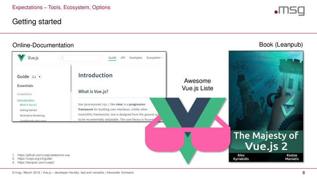 Expectations – Tools, Ecosystem, Options
1. https://github.com/vuejs/awesome-vue
2. https://vuejs.org/v2/guide/
3. https://leanpub.com/vuejs2
Getting started
© msg | March 2018 | Vue.js – developer friendly, fast and versatile | Alexander Schwartz 8
Online-Documentation Book (Leanpub)
Awesome
Vue.js Liste
