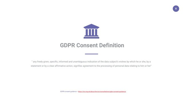 8
GDPR Consent Definition
“ any freely given, specific, informed and unambiguous indication of the data subject’s wishes by which he or she, by a
statement or by a clear affirmative action, signifies agreement to the processing of personal data relating to him or her”
GDPR consent guidance — https://ico.org.uk/about-the-ico/consultations/gdpr-consent-guidance/
