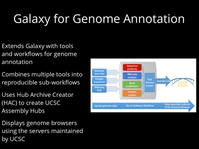 Galaxy for Genome Annotation
Extends Galaxy with tools
and workflows for genome
annotation
Combines multiple tools into
reproducible sub-workflows
Uses Hub Archive Creator
(HAC) to create UCSC
Assembly Hubs
Displays genome browsers
using the servers maintained
by UCSC
