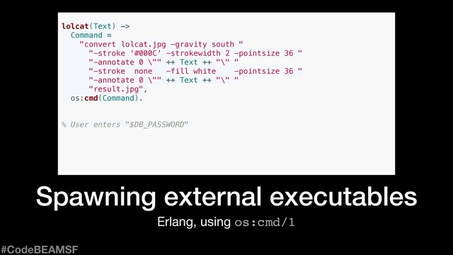 Erlang, using os:cmd/1
Spawning external executables
lolcat(Text) ->
Command =
"convert lolcat.jpg -gravity south "
"-stroke '#000C' -strokewidth 2 -pointsize 36 "
"-annotate 0 \"" ++ Text ++ "\" "
"-stroke none -fill white -pointsize 36 "
"-annotate 0 \"" ++ Text ++ "\" "
"result.jpg",
os:cmd(Command).
% User enters "$DB_PASSWORD"
#CodeBEAMSF
