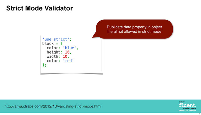 Strict Mode Validator
'use strict';
block = {
color: 'blue',
height: 20,
width: 10,
color: 'red'
};
Duplicate data property in object
literal not allowed in strict mode
http://ariya.oﬁlabs.com/2012/10/validating-strict-mode.html
22
