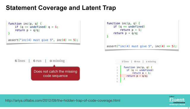Statement Coverage and Latent Trap
http://ariya.oﬁlabs.com/2012/09/the-hidden-trap-of-code-coverage.html
function inc(p, q) {
if (q == undefined) q = 1;
return p + q/q;
}
assert("inc(4) must give 5", inc(4) == 5);
function inc(p, q) {
if (q == undefined)
return p + 1;
return p + q/q;
}
assert("inc(4) must give 5", inc(4) == 5);
Does not catch the missing
code sequence
37
