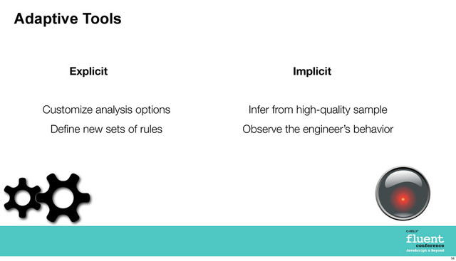 Adaptive Tools
Explicit Implicit
Customize analysis options
Deﬁne new sets of rules
Infer from high-quality sample
Observe the engineer’s behavior
58
