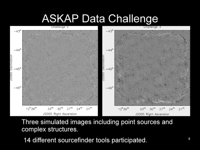 8
ASKAP Data Challenge
Three simulated images including point sources and
complex structures.
14 different sourcefinder tools participated.

