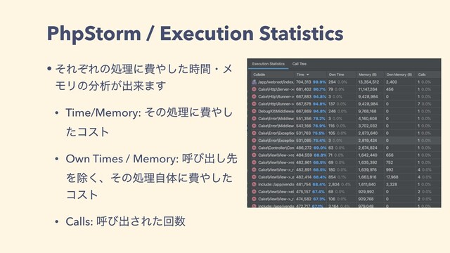 PhpStorm / Execution Statistics
• ͦΕͧΕͷॲཧʹඅ΍ͨ࣌ؒ͠ɾϝ
ϞϦͷ෼ੳ͕ग़དྷ·͢
• Time/Memory: ͦͷॲཧʹඅ΍͠
ͨίετ
• Own Times / Memory: ݺͼग़͠ઌ
Λআ͘ɺͦͷॲཧࣗମʹඅ΍ͨ͠
ίετ
• Calls: ݺͼग़͞Εͨճ਺
