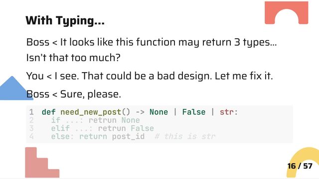 With Typing…
Boss < It looks like this function may return 3 types…
Isn’t that too much?
You < I see. That could be a bad design. Let me fix it.
Boss < Sure, please.
1 def need_new_post() -> None | False | str:
16 / 57
2 if ...: retrun None
3 elif ...: retrun False
4 else: return post_id # this is str
