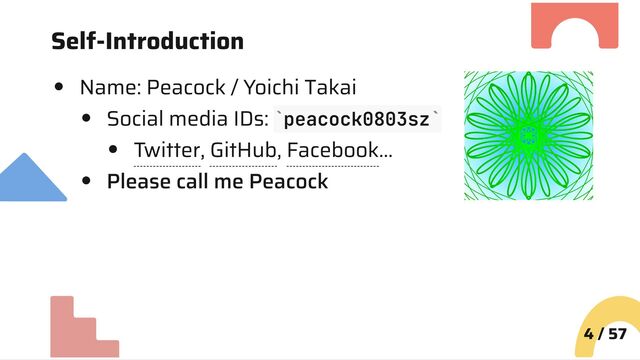 Self-Introduction
Name: Peacock / Yoichi Takai
Social media IDs: peacock0803sz
Twitter, GitHub, Facebook…
Please call me Peacock
4 / 57
` `
