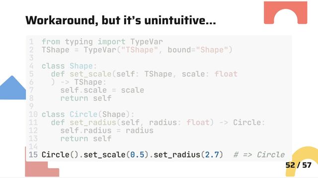 Workaround, but it’s unintuitive…
15 Circle().set_scale(0.5).set_radius(2.7) # => Circle
52 / 57
1 from typing import TypeVar
2 TShape = TypeVar("TShape", bound="Shape")
3
4 class Shape:
5 def set_scale(self: TShape, scale: float
6 ) -> TShape:
7 self.scale = scale
8 return self
9
10 class Circle(Shape):
11 def set_radius(self, radius: float) -> Circle:
12 self.radius = radius
13 return self
14
