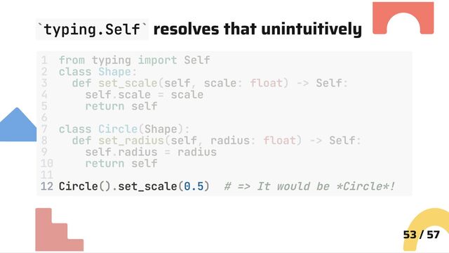 typing.Self resolves that unintuitively
12 Circle().set_scale(0.5) # => It would be *Circle*!
53 / 57
` `
1 from typing import Self
2 class Shape:
3 def set_scale(self, scale: float) -> Self:
4 self.scale = scale
5 return self
6
7 class Circle(Shape):
8 def set_radius(self, radius: float) -> Self:
9 self.radius = radius
10 return self
11
