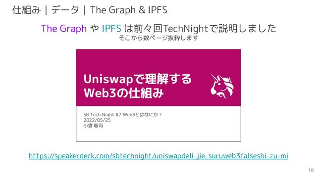 The Graph や IPFS は前々回TechNightで説明しました
そこから数ページ抜粋します
https://speakerdeck.com/sbtechnight/uniswapdeli-jie-suruweb3falseshi-zu-mi
仕組み｜データ｜The Graph & IPFS
18

