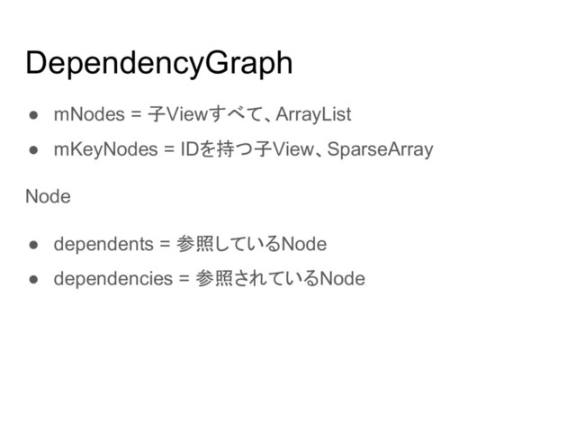 DependencyGraph
● mNodes = 子Viewすべて、ArrayList
● mKeyNodes = IDを持つ子View、SparseArray
Node
● dependents = 参照しているNode
● dependencies = 参照されているNode
