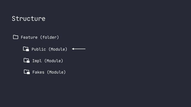 Structure
Feature (folder)
Public (Module)
Impl (Module)
Fakes (Module)
