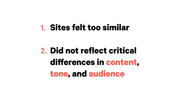 Sites felt too similar
Did not reflect critical
differences in content,
tone, and audience
1.
2.
