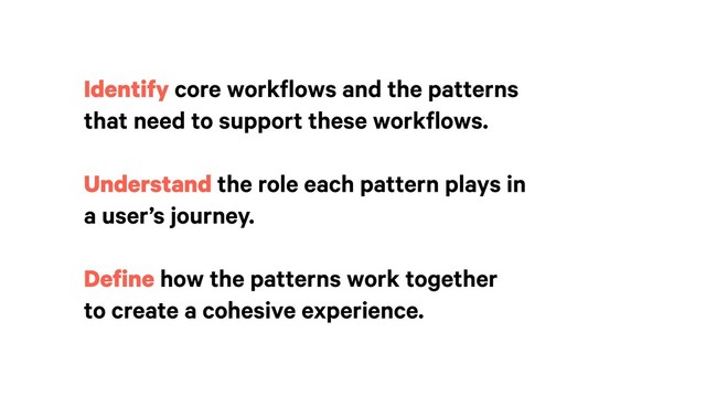 Identify core workflows and the patterns
that need to support these workflows.
Understand the role each pattern plays in
a user’s journey.
Define how the patterns work together  
to create a cohesive experience.

